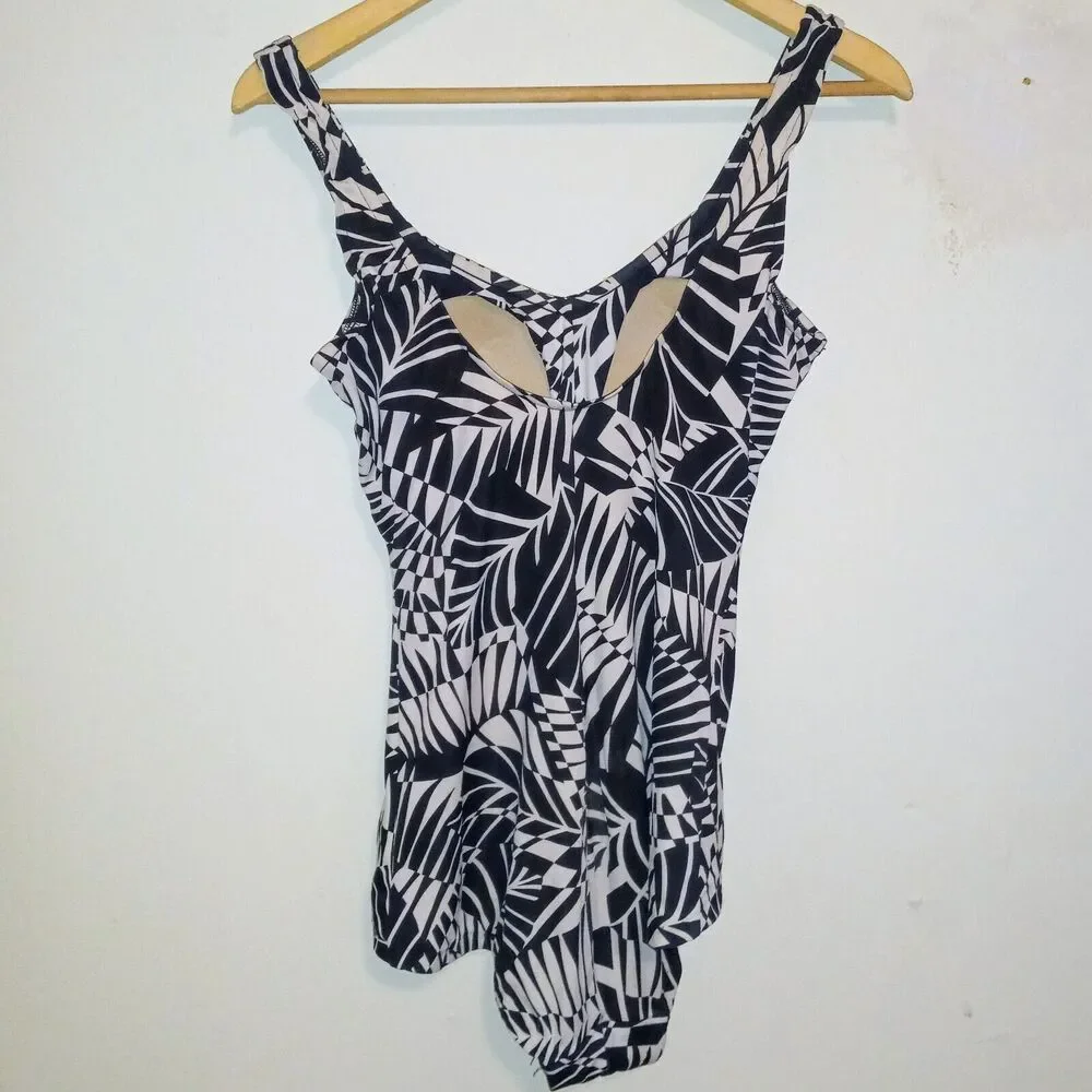 VTG Maxine Of Hollywood Palm Leaf One Piece Swimsuit-Size 12-Ruched-Lined-Pads